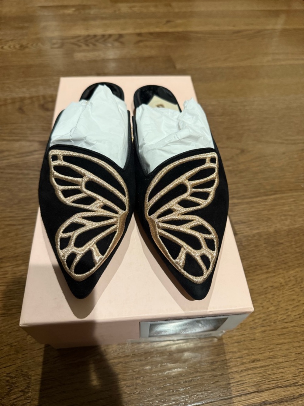 Sophia Webster Black Slip-On Pointed Mules with Gold Butterfly Embroidery